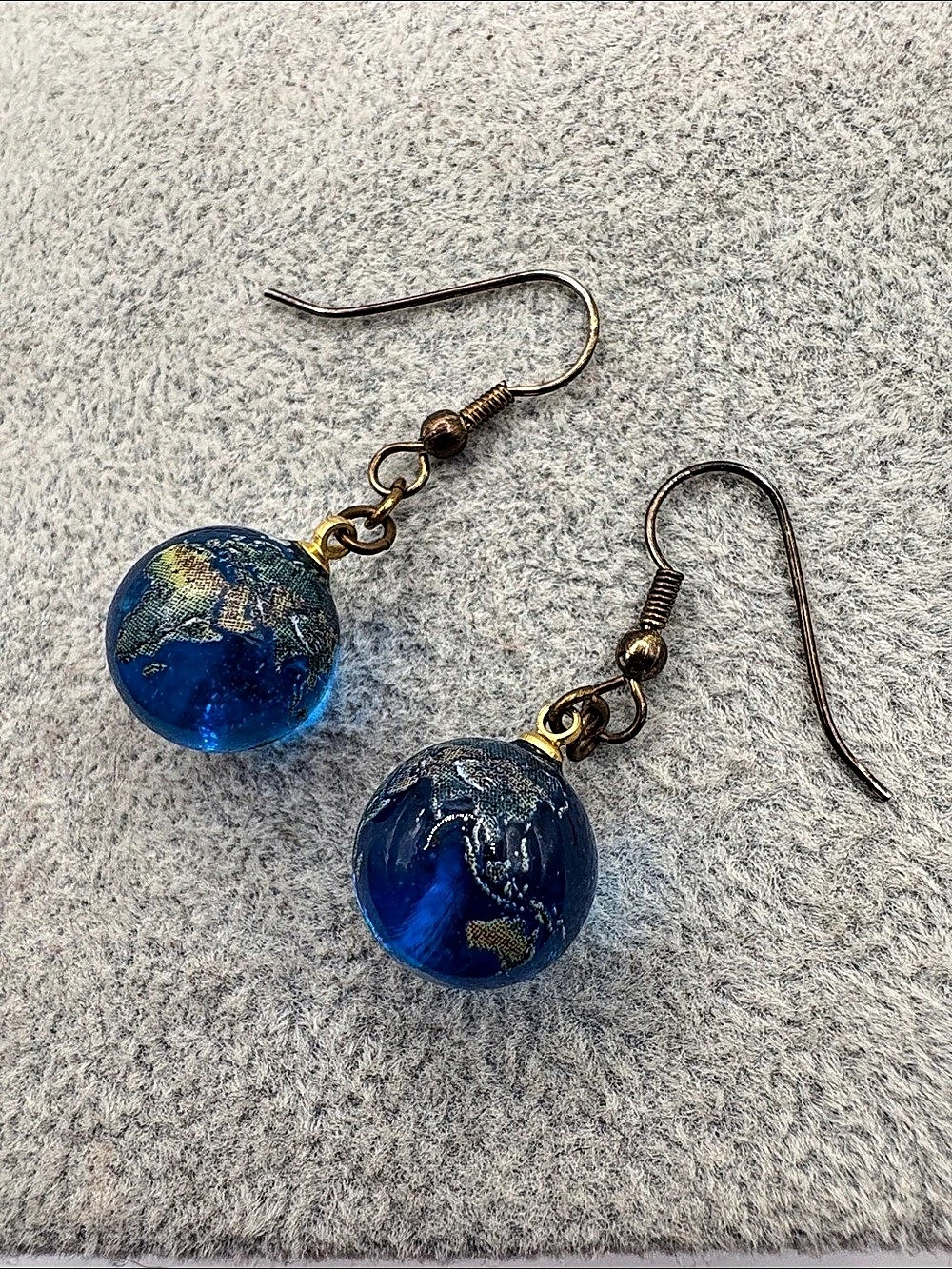 Globe Map Earrings Blue & Gold Glass Drop Atlas Earrings Unique Marble Round